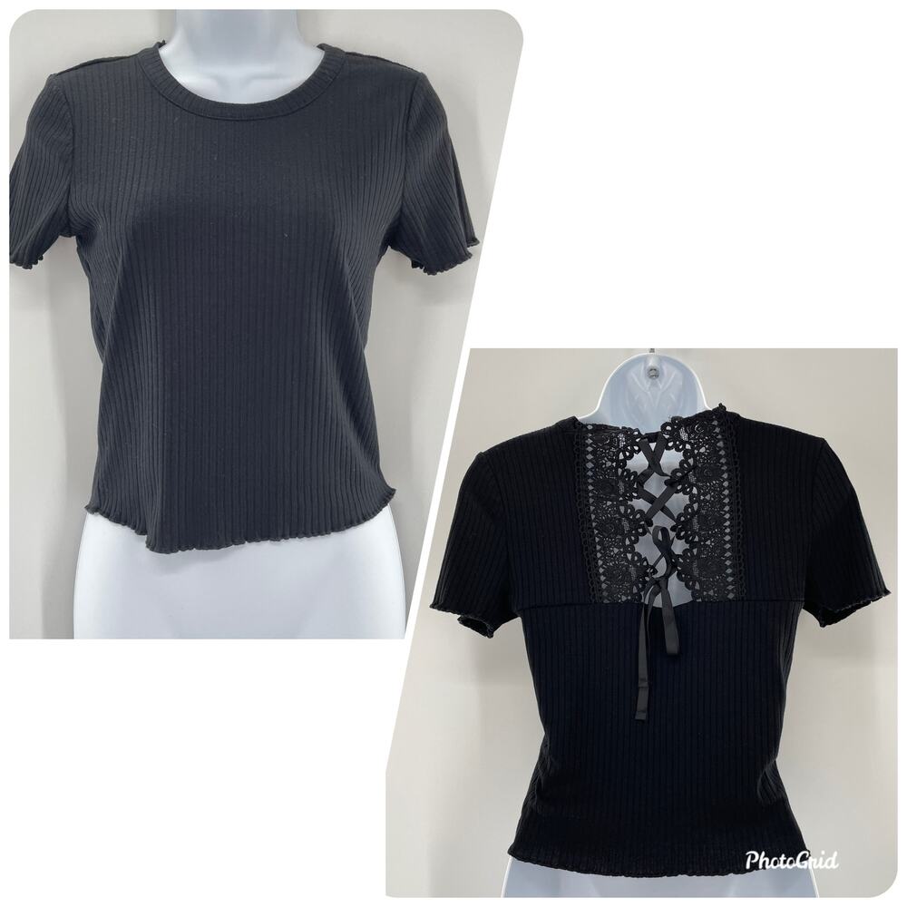 American Rag Black Lace Up Back Short Sleeves RIb Knit Top XS